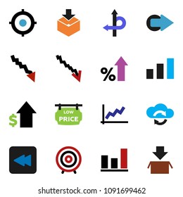 solid vector ixon set - graph vector, crisis, percent growth, dollar, target, route, package, sorting, backward button, cloud exchange, arrow, low price signboard