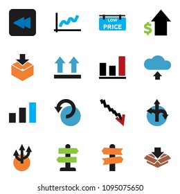 solid vector ixon set - graph vector, crisis, dollar growth, route, signpost, top sign, package, sorting, backward button, undo, cloud upload, arrow, low price signboard