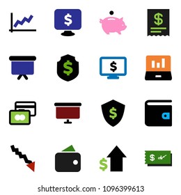 solid vector ixon set - graph vector, laptop, credit card, wallet, crisis, piggy bank, dollar growth, presentation board, shield, monitor, receipt, check