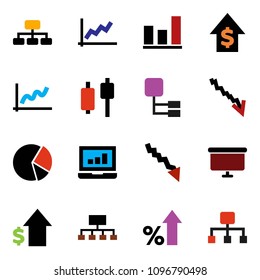 solid vector ixon set - graph vector, pie, japanese candle, laptop, crisis, percent growth, dollar, presentation board, hierarchy