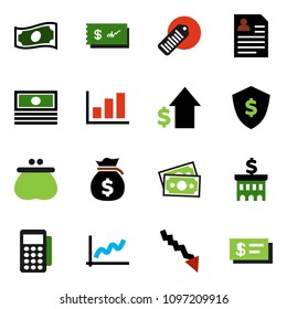 solid vector ixon set - graph vector, cash, crisis, money bag, dollar growth, bank building, personal information, shield, barcode, wallet, card reader, check
