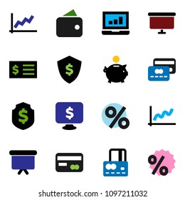 solid vector ixon set - graph vector, laptop, credit card, piggy bank, receipt, presentation board, dollar shield, monitor, wallet, percent