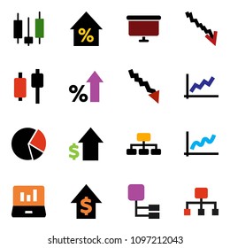 solid vector ixon set - graph vector, pie, japanese candle, laptop, crisis, percent growth, dollar, presentation board, hierarchy