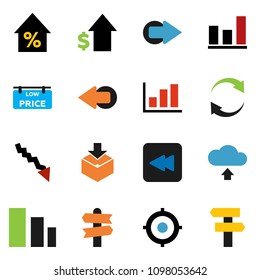 solid vector ixon set - graph vector, crisis, percent growth, dollar, target, signpost, package, sorting, backward button, arrow, refresh, cloud upload, low price signboard