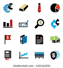 solid vector ixon set - graph vector, gold ingot, pie, check, money search, binder, dollar flag, personal information, tie, euro sign, cent, barcode, cash, card reader, shield
