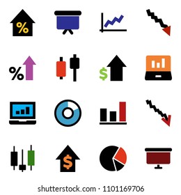 solid vector ixon set - graph vector, pie, japanese candle, laptop, crisis, percent growth, dollar, presentation board
