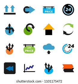 solid vector ixon set - graph vector, arrow up, route, top sign, backward button, refresh, redo, cloud upload, low price signboard, 24 hour, signpost