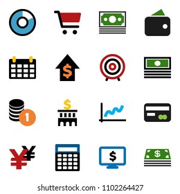 solid vector ixon set - graph vector, pie, cart, cash, dollar growth, coin stack, bank building, calculator, target, calendar, monitor, yen sign, money, credit card, wallet