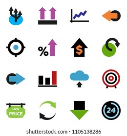solid vector ixon set - graph vector, percent growth, dollar, target, arrow down, top sign, refresh, redo, cloud upload, route, low price signboard, 24 hour