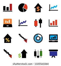 solid vector ixon set - graph vector, pie, japanese candle, laptop, crisis, percent growth, dollar, presentation board