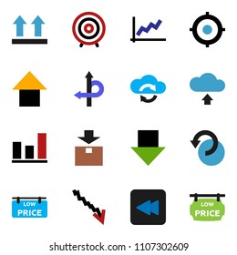 solid vector ixon set - graph vector, crisis, target, arrow down, up, route, top sign, package, backward button, cloud exchange, undo, upload, low price signboard