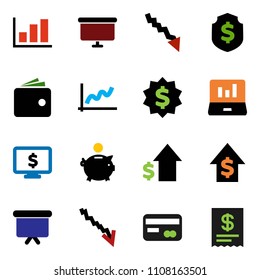 solid vector ixon set - graph vector, laptop, wallet, crisis, piggy bank, dollar growth, presentation board, medal, shield, monitor, credit card, receipt