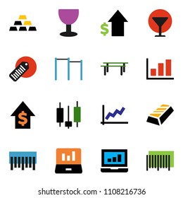 solid vector ixon set - graph vector, gold ingot, japanese candle, laptop, dollar growth, horizontal bar, glass, barcode