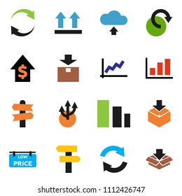 solid vector ixon set - graph vector, dollar growth, signpost, top sign, package, sorting, refresh, redo, cloud upload, route arrow, low price signboard