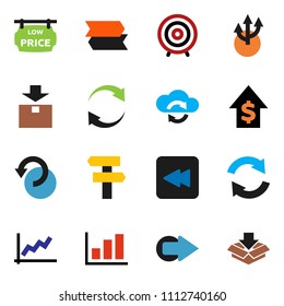 solid vector ixon set - graph vector, dollar growth, target, package, backward button, cloud exchange, arrow, refresh, undo, route, low price signboard, signpost
