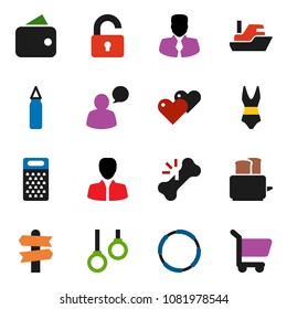 solid vector ixon set - grater vector, toaster, manager, punching bag, swimsuite, hoop, gymnast rings, signpost, ship, speaking man, heart, broken bone, unlock, wallet, cart