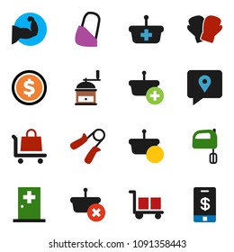 solid vector ixon set - hand mill vector, mixer, dollar coin, trainer, muscule, boxing glove, traking, cargo, bandage, medical room, basket, trolley, tap pay