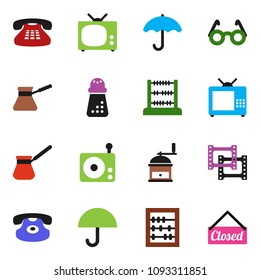 solid vector ixon set - hand mill vector, turk coffee, glasses, abacus, umbrella, film frame, radio, classic phone, tv, closed