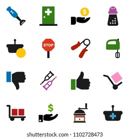 solid vector ixon set - hand mill vector, mixer, blender, investment, trainer, cargo, finger up, down, crutches, medical room, stop, basket