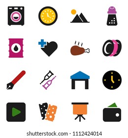 solid vector ixon set - hand mill vector, plates, chicken leg, pen, presentation, clock, breads, heart cross, warehouse, oil barrel, play button, crutches, mountain, washer, wallet