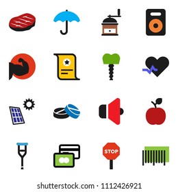 solid vector ixon set - hand mill vector, steak, apple fruit, certificate, credit card, muscule, umbrella, speaker, heart pulse, crutches, pills, tooth implant, stop, solar panel, barcode