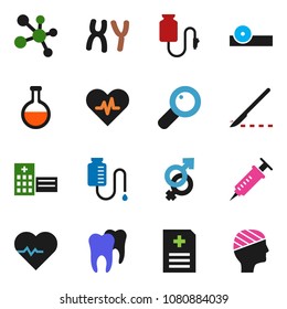 solid vector ixon set - heart pulse vector, molecule, flask, gender sign, magnifier, syringe, scalpel, eye doctor hat, chromosomes, anamnesis, hospital building, drop counter, tooth, head bandage