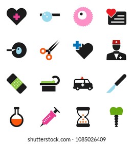 solid vector ixon set - heart monitor vector, cross, doctor, flask, insemination, syringe, scissors, scalpel, sand clock, patch, eye hat, amkbulance car, tomography, ovule, tooth implant