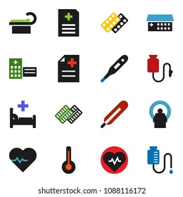 solid vector ixon set - heart pulse vector, thermometer, pills blister, anamnesis, hospital bed, building, tomography, drop counter