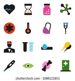 solid vector ixon set - heart pulse vector, molecule, ambulance star, doctor, thermometer, vial, eye, crutches, broken bone, sand clock, pills bottle, hat, bandage, sperm, medical room