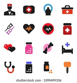 solid vector ixon set - heart pulse vector, pills vial, first aid kit, doctor bag, crutches, broken bone, stethoscope, bottle, hospital bed, tomography, tooth implant
