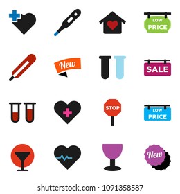solid vector ixon set - heart pulse vector, cross, glass, thermometer, vial, stop, sale signboard, low price, love home, new