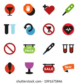 solid vector ixon set - heart pulse vector, prohibition sign, no alcohol, attention, glass, cross, thermometer, vial, undo, stop, sale signboard, low price, new