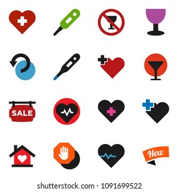 solid vector ixon set - heart pulse vector, no alcohol sign, cross, glass, thermometer, undo, stop, sale signboard, love home, new