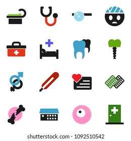 solid vector ixon set - heart monitor vector, doctor bag, thermometer, gender sign, broken bone, stethoscope, pills blister, eye hat, hospital bed, building, tomography, ovule, tooth, implant