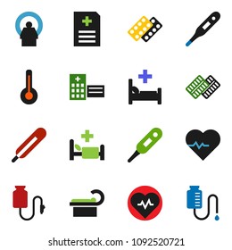solid vector ixon set - heart pulse vector, thermometer, pills blister, anamnesis, hospital bed, building, tomography, drop counter