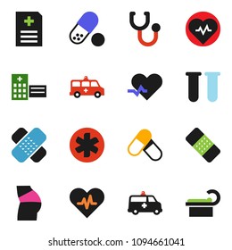 solid vector ixon set - heart pulse vector, buttocks, pills, ambulance star, vial, patch, stethoscope, anamnesis, hospital building, amkbulance car, tomography