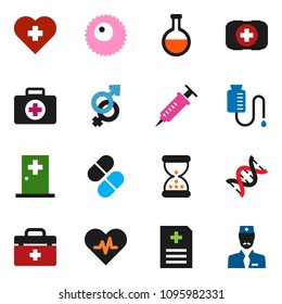 solid vector ixon set - heart cross vector, first aid kit, doctor bag, pulse, flask, gender sign, dna, syringe, sand clock, pills, anamnesis, drop counter, ovule, medical room
