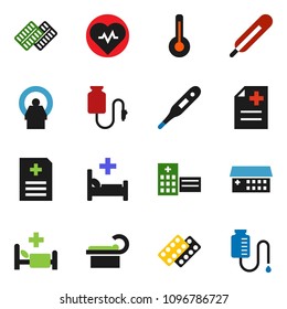 solid vector ixon set - heart pulse vector, thermometer, pills blister, anamnesis, hospital bed, building, tomography, drop counter