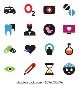 solid vector ixon set - heart monitor vector, first aid kit, oxygen, pulse, doctor, thermometer, flask, eye, pregnancy, sand clock, pills, amkbulance car, tomography, tooth, head bandage