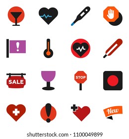 solid vector ixon set - heart pulse vector, cross, attention, glass, rec button, thermometer, stop, sale signboard, new