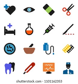 solid vector ixon set - heart cross vector, thermometer, flask, eye, syringe, scissors, scalpel, patch, pills blister, mortar, microbs, hospital bed, diagnostic monitor, drop counter, tooth, doctor