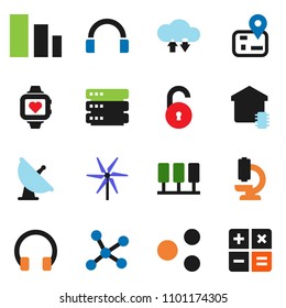 solid vector ixon set - heart monitor vector, navigator, sorting, satellite antenna, headphones, microscope, network, server, cloud exchange, big data, share, unlock, windmill, smart home