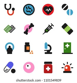 solid vector ixon set - heart pulse vector, pills vial, syringe, broken bone, patch, stethoscope, bottle, blister, microscope, microbs, tomography, ovule, medical room, siren