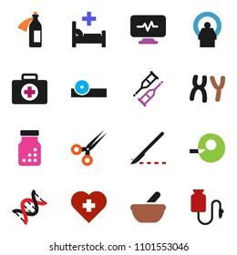 solid vector ixon set - heart cross vector, first aid kit, dna, insemination, crutches, scissors, scalpel, pills bottle, mortar, eye doctor hat, chromosomes, hospital bed, diagnostic monitor, potion