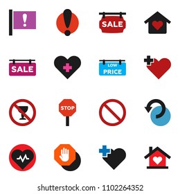 solid vector ixon set - heart pulse vector, prohibition sign, no alcohol, cross, attention, undo, stop, sale signboard, low price, love home