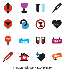 solid vector ixon set - heart pulse vector, no alcohol sign, cross, attention, glass, thermometer, vial, undo, stop, sale signboard, low price, love home, new