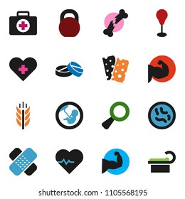 solid vector ixon set - heart pulse vector, weight, punching bag, muscule hand, cereals, breads, first aid kit, cross, magnifier, pregnancy, broken bone, patch, pills, microbs, tomography