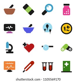solid vector ixon set - heart cross vector, thermometer, vial, magnifier, patch, pills, bottle, mortar, eye doctor hat, microscope, microbs, diagnostic monitor, sperm, medical room