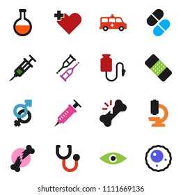 solid vector ixon set - heart cross vector, flask, eye, gender sign, syringe, crutches, broken bone, patch, stethoscope, pills, microscope, amkbulance car, drop counter, ovule