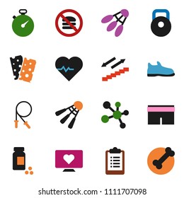 solid vector ixon set - heart pulse vector, stopwatch, clipboard, pills vial, weight, jump rope, snickers, shorts, molecule, stairways run, breads, shuttlecock, no fastfood, monitor, bone